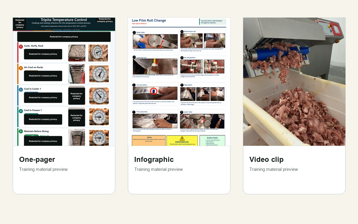 Training materials preview with one-pagers and video clip